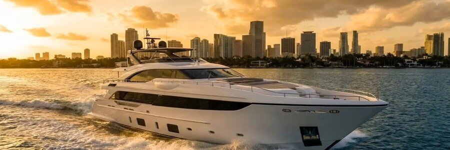 Luxury yacht cruising across Biscayne Bay with the Miami skyline glowing at sunset.