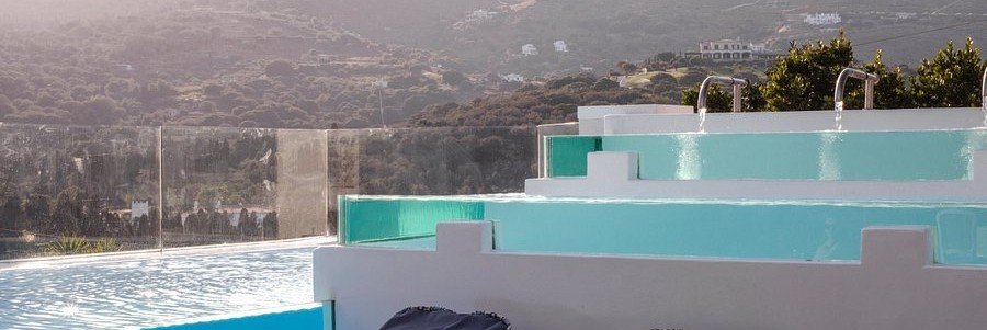 Pool terrace at Micra Anglia Boutique Hotel and Spa on Andros Island, Greece.