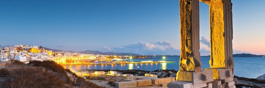 Temple of Apollo overlooking Naxos Town at sunset in Greece