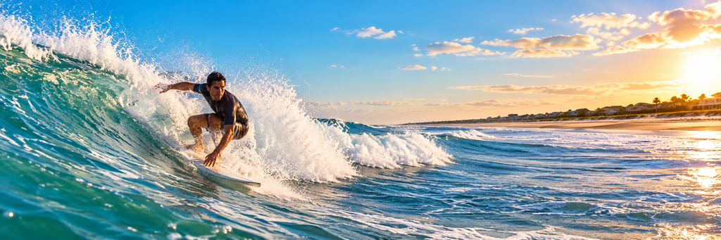 Surfer riding a turquoise wave near the sandy shoreline under a golden coastal sky.