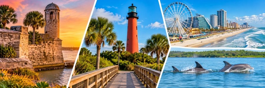Colorful collage featuring a historic waterfront fort, coastal lighthouse, oceanfront attractions, and dolphins.