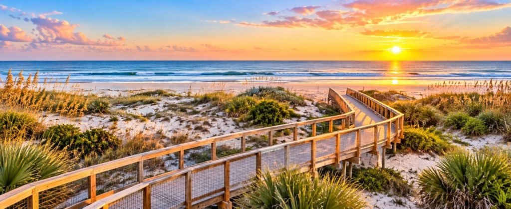 Wooden boardwalk winding through sandy dunes and coastal grasses at New Smyrna Beach, Florida, toward the Atlantic Ocean beneath a colorful sunrise.