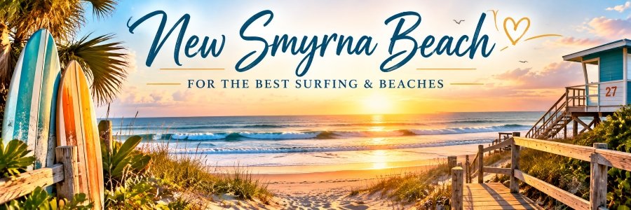 Colorful surfboards beside a sandy beach at New Smyrna Beach, Florida, with rolling Atlantic waves, a lifeguard tower, and a golden sunrise over the ocean.