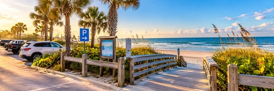 Palm-lined parking area and wooden beach access boardwalk leading through coastal dunes to the Atlantic Ocean in New Smyrna Beach.