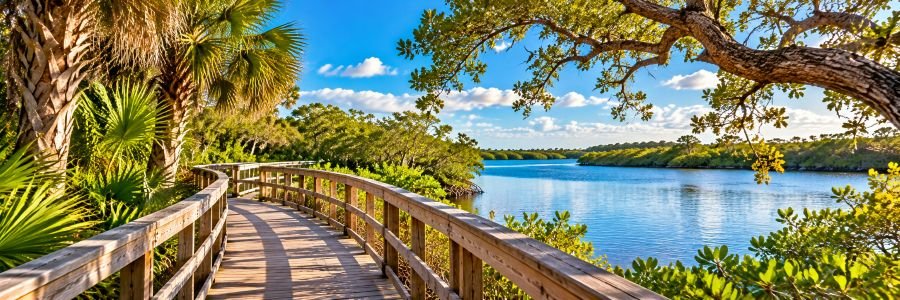 Wooden nature boardwalk winding through lush palms and coastal greenery beside a peaceful blue waterway.