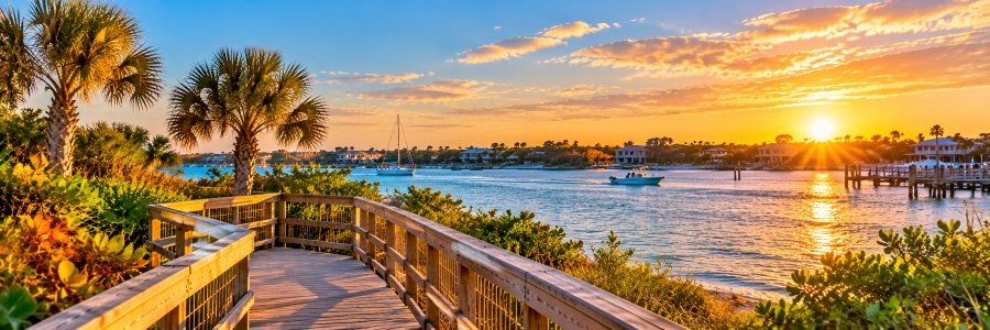 Golden sunset over a peaceful coastal waterway with sailboats, palm trees, and a wooden boardwalk.