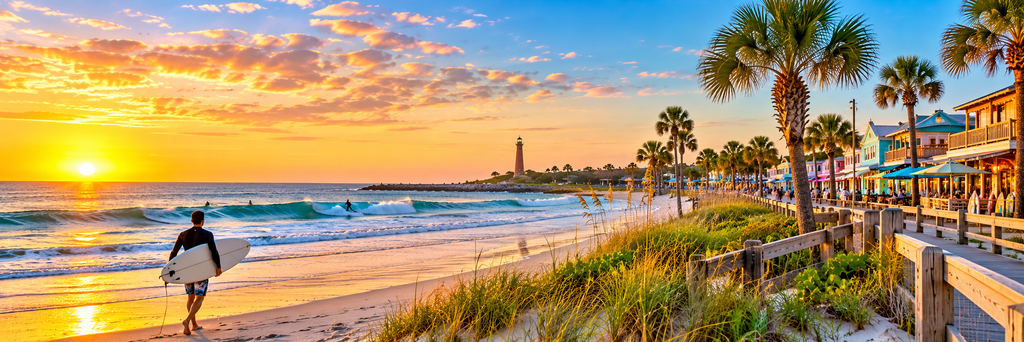 Surfer carrying a surfboard along New Smyrna Beach at sunset, with rolling Atlantic waves, palm trees, and colorful coastal shops.