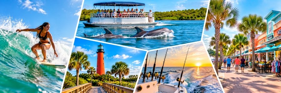 Colorful collage featuring surfing, dolphin watching, a coastal lighthouse, fishing boats, and palm-lined shops.