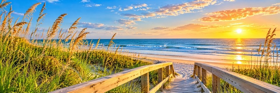 Wooden boardwalk leading through coastal dunes toward a sunlit Atlantic beach.