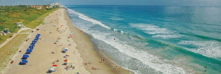 An aerial perspective of Palm Beach showing a wide sandy shore lined with beachgoers and blue umbrellas next to turquoise Atlantic ocean waves.