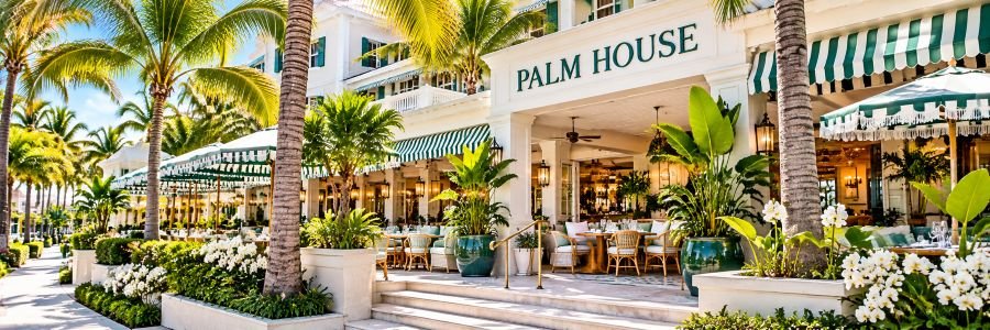 Palm House in Palm Beach, Florida, surrounded by palm trees, tropical landscaping, and elegant outdoor seating