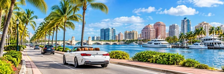 Palm-lined waterfront road with cars, boats, and the West Palm Beach skyline along the Intracoastal Waterway