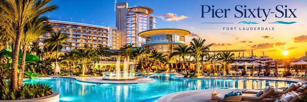 Luxury waterfront resort with illuminated swimming pools, tropical palm trees, elegant lounge chairs, and yachts at sunset.