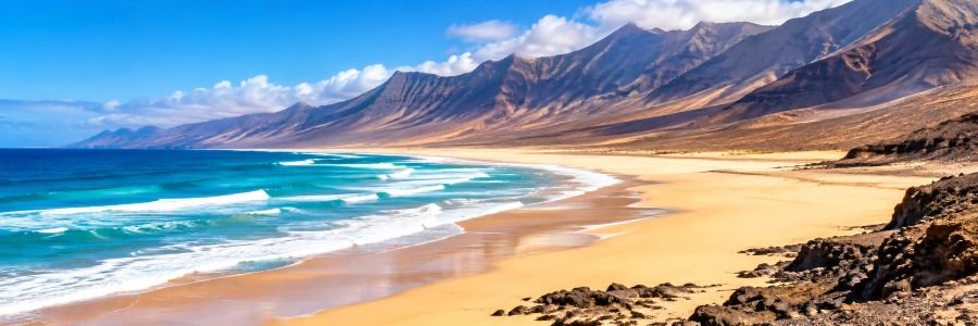Panoramic view of Playa de Cofete in Fuerteventura, featuring golden sand, turquoise Atlantic waves, and dramatic volcanic mountains.
