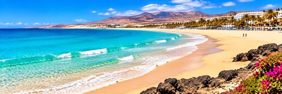 Panoramic view of Playa de Costa Calma with golden sand, turquoise Atlantic waters, palm-lined beachfront resorts, and distant volcanic mountains.