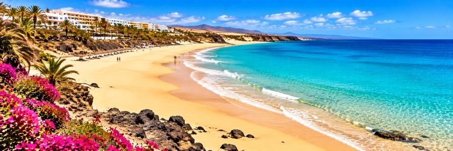 Panoramic view of Playa de Esquinzo-Butihondo, one of the beautiful Fuerteventura beaches, featuring golden sands, turquoise waters, and coastal resorts.