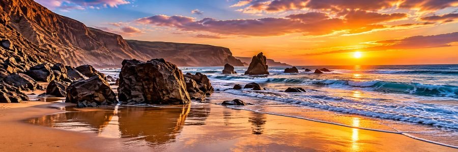 Panoramic sunset view of Playa de Esquinzo in northern Fuerteventura, featuring rugged volcanic cliffs, dark coastal rocks, Atlantic waves, and golden reflections across wet sand.