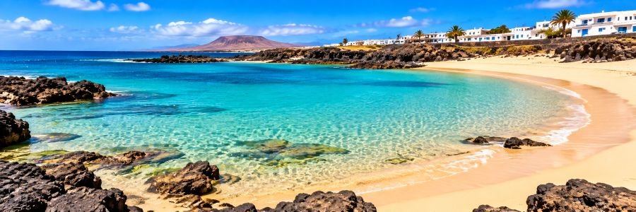 Panoramic view of Playa de La Concha in El Cotillo, Fuerteventura, with turquoise water, golden sand, volcanic rocks, and a sheltered bay.