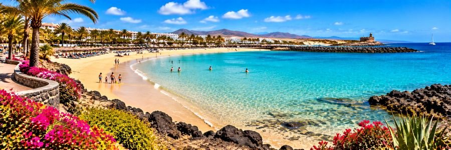 Panoramic view of Playa de La Guirra in Caleta de Fuste, featuring turquoise waters, golden sand, palm trees, colorful flowers, and families enjoying the beach.