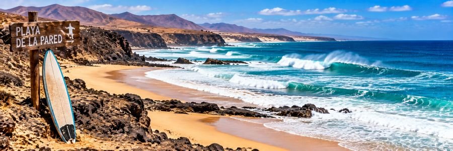 Panoramic view of Playa de La Pared in Fuerteventura, featuring powerful turquoise surf, rugged volcanic cliffs, golden sand, and a surfboard.