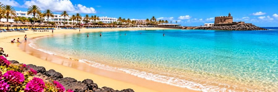 Panoramic view of Playa del Castillo in Caleta de Fuste, featuring a sheltered turquoise bay, golden sand, families enjoying the beach, and a historic stone tower.