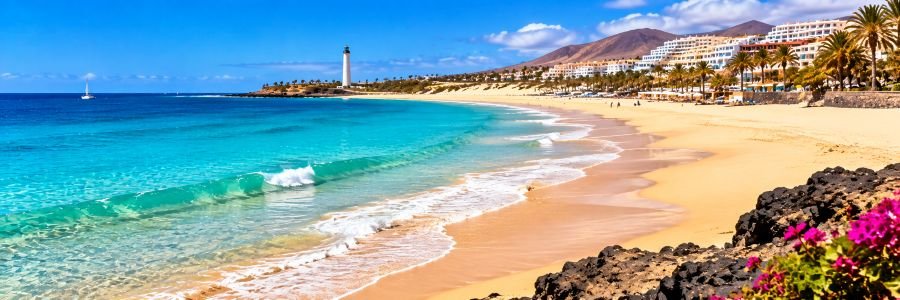 Panoramic view of Playa del Matorral in Morro Jable, featuring golden sand, turquoise Atlantic waters, a lighthouse, and beachfront resorts.