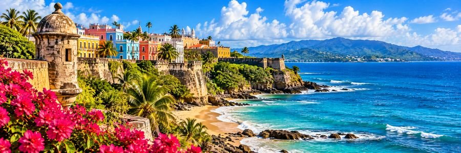 Colorful Old San Juan coastal scene in Puerto Rico, Greater Antilles, featuring historic Spanish fortifications, turquoise ocean waters, tropical palms, and vibrant flowers.