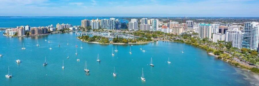 Sarasota Bay with downtown Sarasota skyline and marina in Florida
