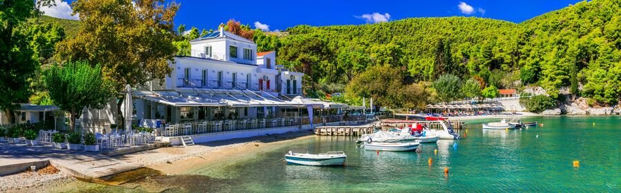 quiet harbor and seaside buildings on the coast of skopelos greece