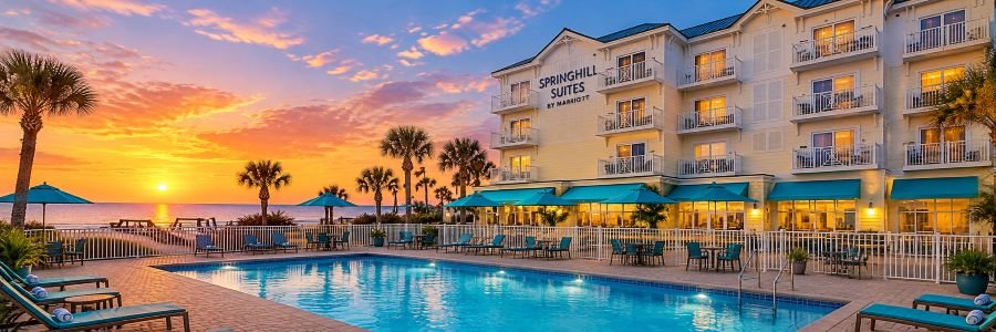 SpringHill Suites by Marriott in New Smyrna Beach featuring an oceanfront swimming pool, tropical palm trees, and a colorful sunset.