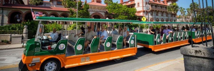 Old Town Trolley tour traveling through the historic district of St Augustine, Florida.