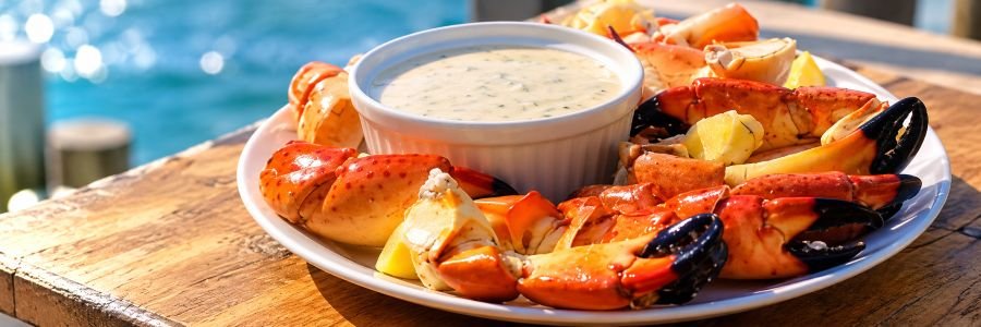 Florida stone crab claws served with creamy dipping sauce and lemon at a waterfront restaurant