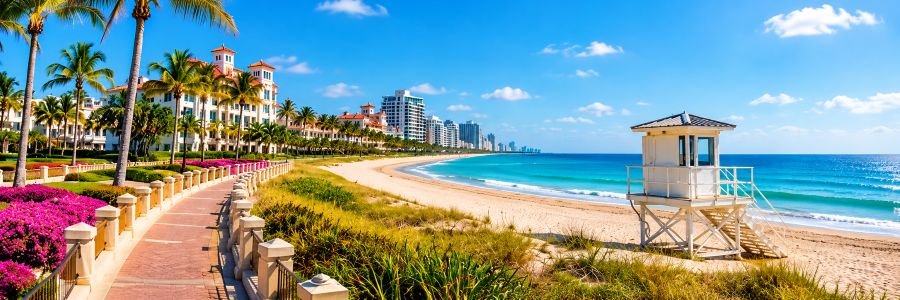 Scenic West Palm Beach coastline with turquoise Atlantic water, sandy beach, palm trees, waterfront buildings, and a lifeguard tower