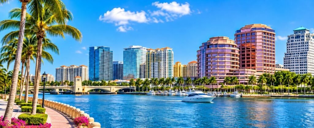 West Palm Beach waterfront with palm trees, downtown buildings, boats, and blue Intracoastal waters