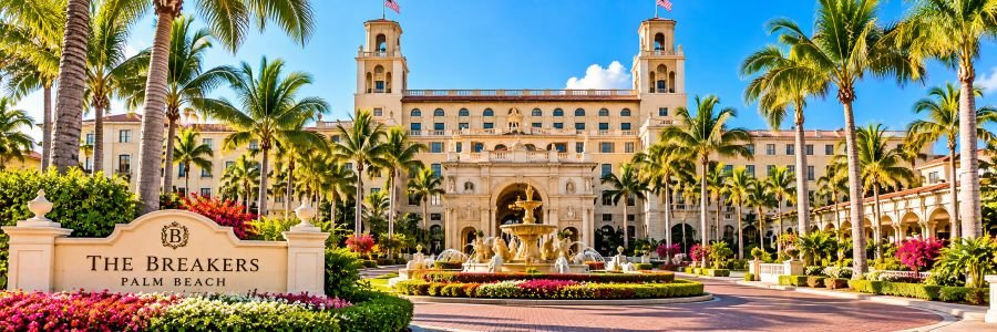 The Breakers Palm Beach luxury resort with grand Mediterranean architecture, palm trees, fountains, and tropical gardens