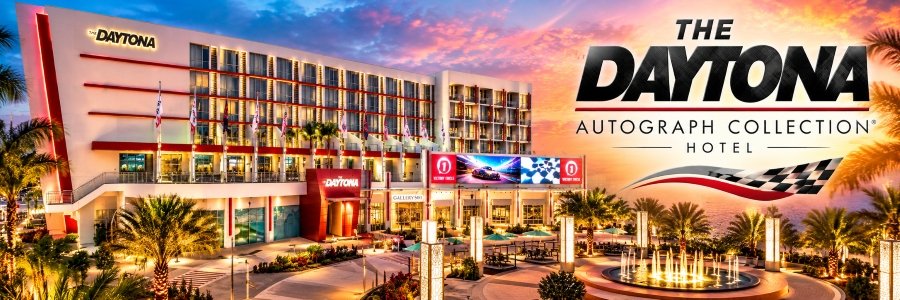 The Daytona, Autograph Collection | Luxury Hotel Modern white hotel with red architectural accents, illuminated balconies, palm trees, and a landscaped courtyard beneath a colorful sunset sky.