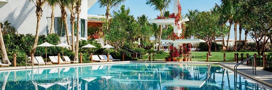 Luxury oceanfront swimming pool at The Miami Beach EDITION surrounded by tropical palm trees, white lounge chairs, and lush green lawns.