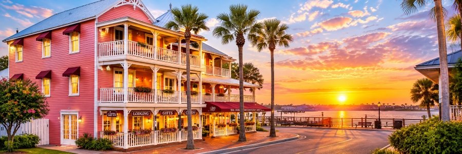 Historic pink waterfront hotel with white Victorian balconies, tropical palm trees, and a beautiful golden sunset.