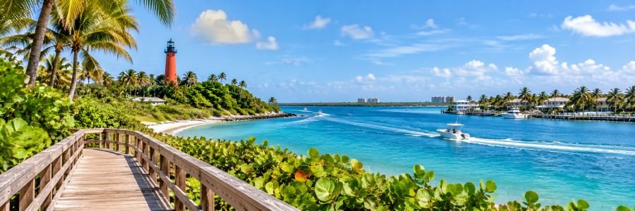 Scenic South Florida waterway with a lighthouse, tropical palms, boats, and turquoise water.
