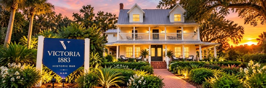 Victoria 1883 historic bed and breakfast in New Smyrna Beach, featuring a wraparound porch, illuminated gardens, and a beautiful sunset sky.