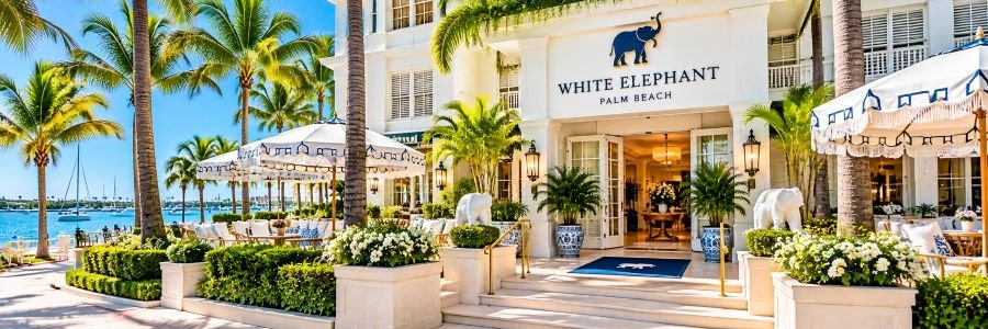 White Elephant Palm Beach with elegant white architecture, palm trees, tropical landscaping, and outdoor seating