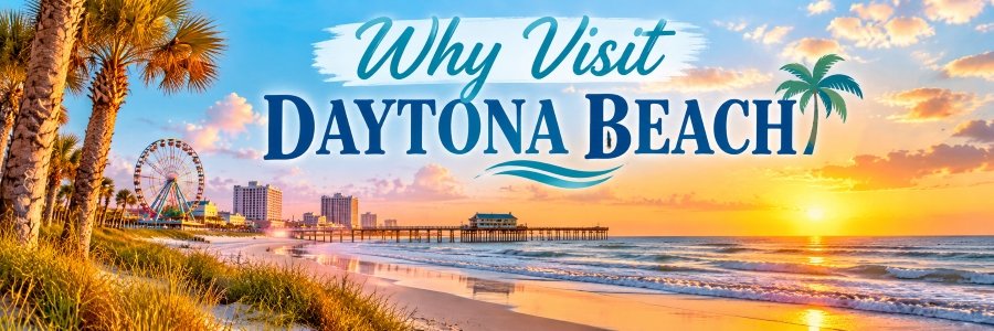Why Visit Daytona Beach Florida Daytona Beach Florida coastline at sunset with palm trees, ocean waves, the pier, and beachfront attractions.