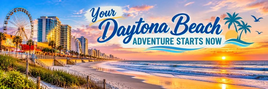 Your Daytona Beach Adventure Starts Now Daytona Beach oceanfront at sunset with a Ferris wheel, beachfront hotels, palm trees, golden reflections on the sand, and gentle Atlantic Ocean waves.