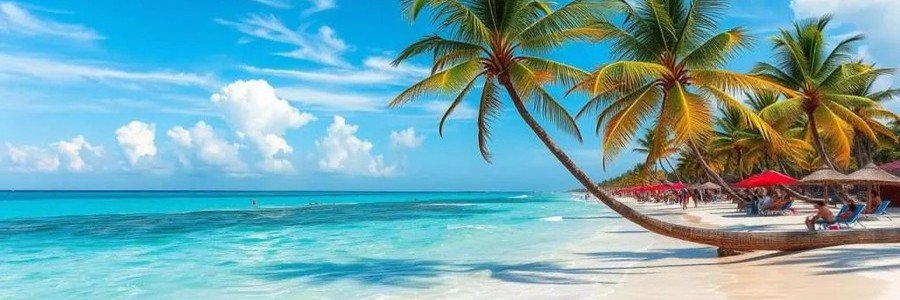 Palm-lined tropical beach with white sand and turquoise Caribbean water in Mexico's Yucatan Peninsula.