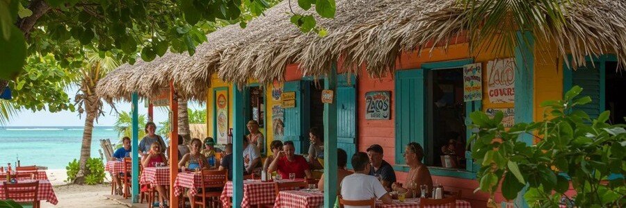 Outdoor beachfront restaurant with colorful buildings and diners enjoying meals in Culebra, Puerto Rico