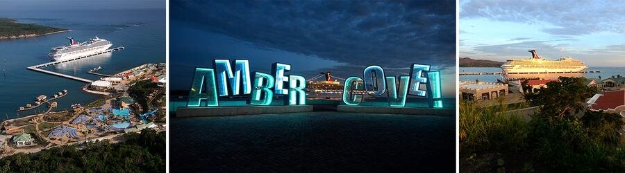 Collage of Amber Cove in Puerto Plata, Dominican Republic featuring cruise ships docked at the port, the illuminated Amber Cove sign at night, and panoramic views of the harbor.
