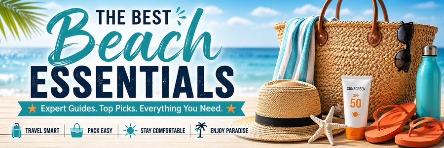 Beach essentials banner featuring a woven beach bag, beach towel, sun hat, sunscreen, flip-flops, reusable water bottle, and sunglasses by the ocean.