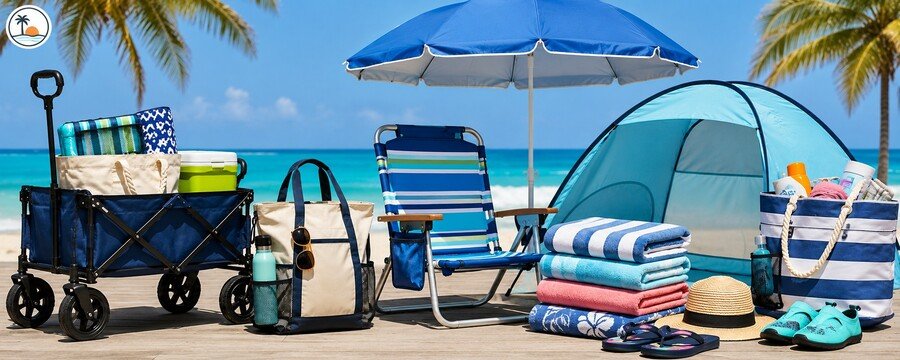 Beach essentials including a beach cart, beach chair, umbrella, beach tent, towels, beach bags, water bottle, sunscreen, hat, flip-flops, and water shoes by the ocean.