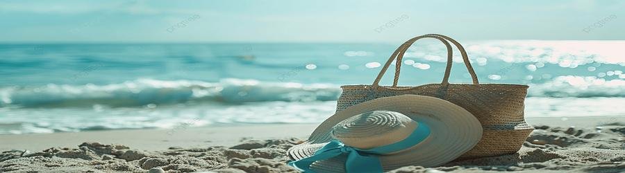 Straw beach bag and sun hat with blue ribbon resting on sandy beach near the ocean waves.