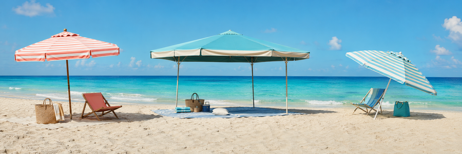 Three beach umbrellas and a large shade canopy beside turquoise water with the title The Best Beach Umbrellas for Every Traveler.